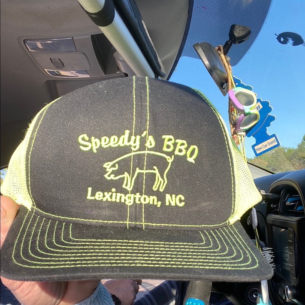 Neon Trucker Hat with World Famous restaurant Speedy’s BBQ pig logo